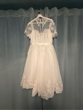 Unique Vintage Lace Tea-Length Bridal Dress with Sheer Short Sleeves - Ivory